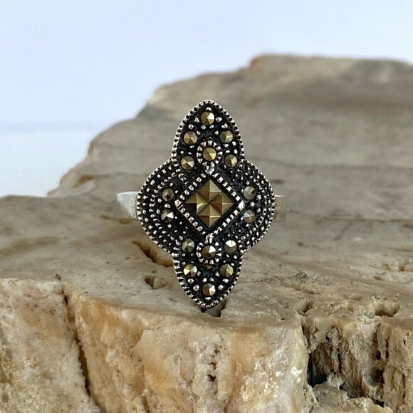 VTG Sterling Silver 925 Oxidized Art Deco Style Marcasite Band Ring Sz 6.75 - Picture 16 of 16